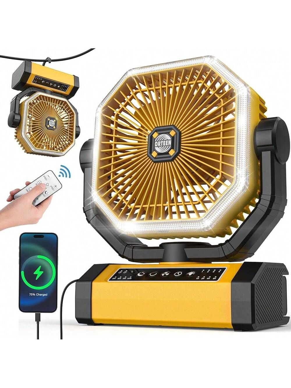 พัดลมตั้งแคมป์แบบพกพา 9 นิ้ว แบตเตอรี่ 10,000mAh ใช้งานต่อเนื่อง 30 ชม. ปรับความแรงลม 4 ระดับ พร้อมไฟ LED และรีโมท